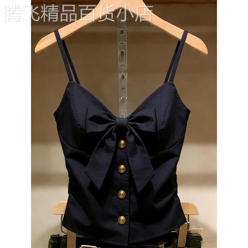 藏蓝色蝴蝶结带胸垫吊带背心女2026夏季新款褶皱收腰辣妹外穿上衣