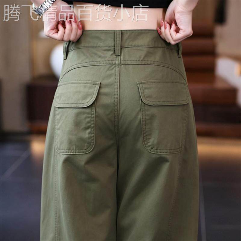 潮牌松弛感穿搭工装裤女款春秋新款高腰宽松显瘦军绿色直筒阔腿裤