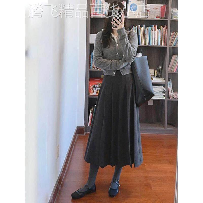 灰色高腰a字西装百褶裙女秋季新款大码遮肚显瘦垂感中长款半身裙