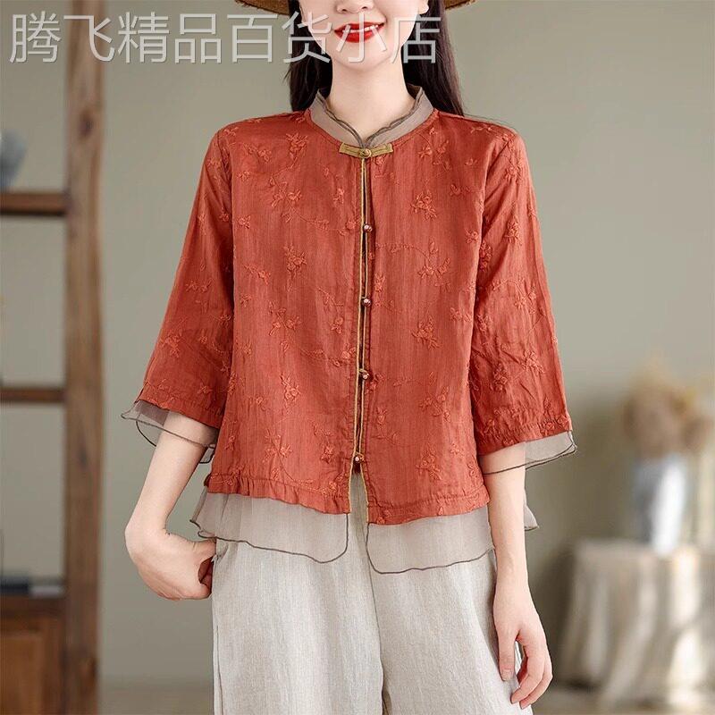 苎麻短袖衬衫女夏季薄款2026新款文艺复古刺绣宽松显瘦欧根纱上衣