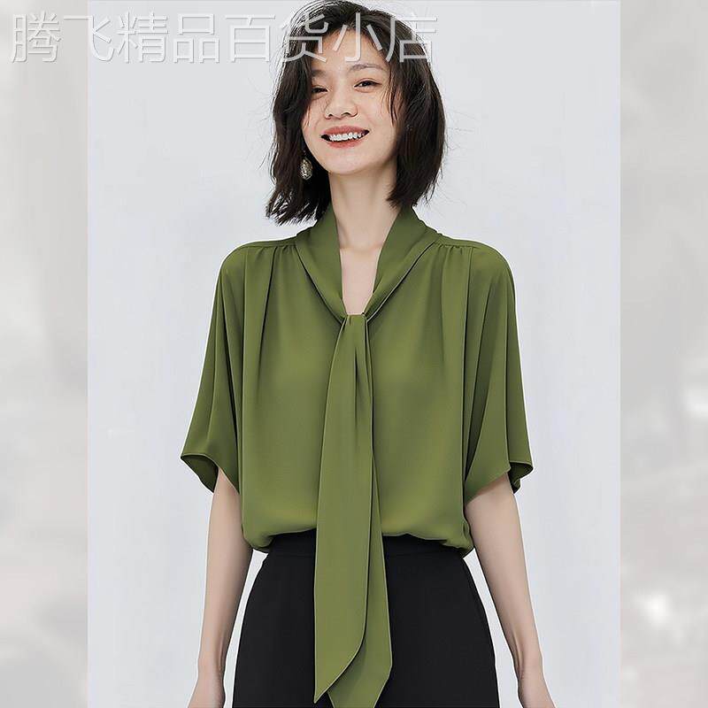 文艺简约绿色飘带短袖衬衫女装夏季2026年新款轻奢优雅上衣高级感