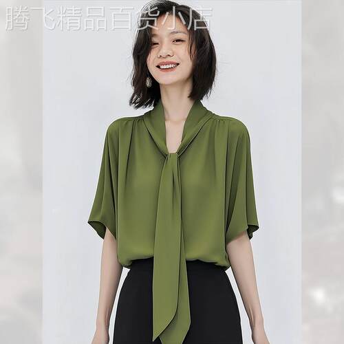文艺简约绿色飘带短袖衬衫女装夏季2026年新款轻奢优雅上衣高级感