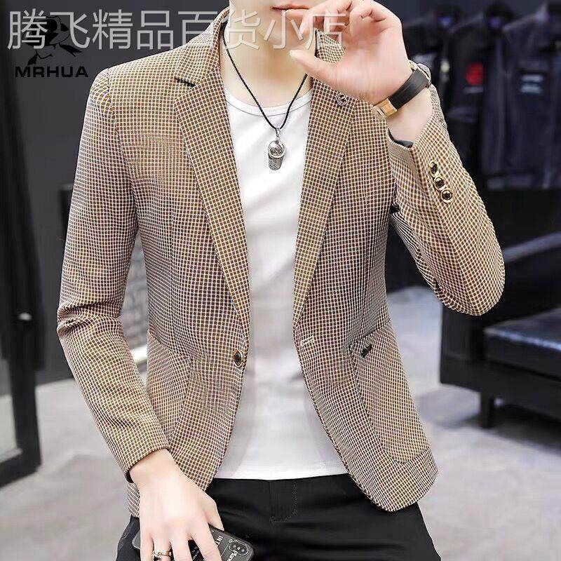 高端男士小西装春秋季休闲西服韩版潮流单西上衣修身男装格子外套