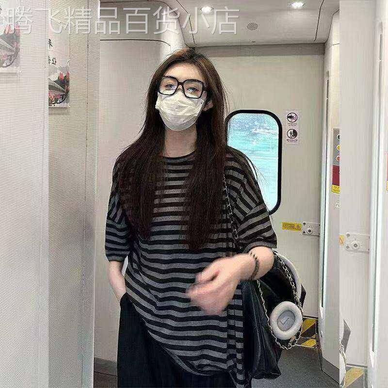 黑色条纹短袖T恤女夏装2026新款高端欧货宽松中长版大版洋派上衣