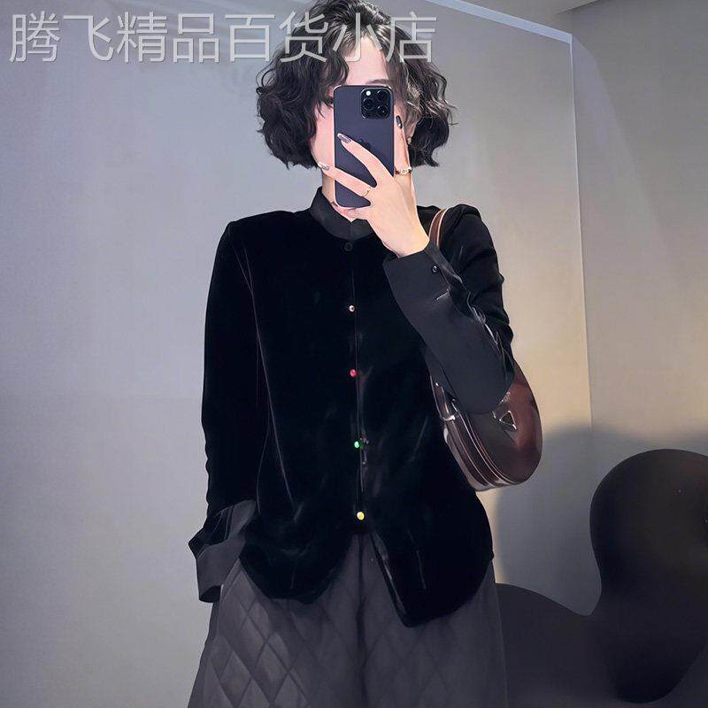 时尚复古百搭圆领金丝绒长袖衬衫女2026秋季穿搭新款黑色显瘦上衣