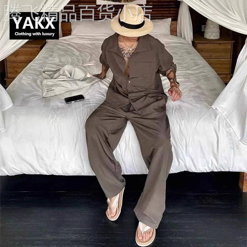 高端老钱风亚麻套装男士春夏季2026新款棉麻衬衫长裤子穿搭一整套