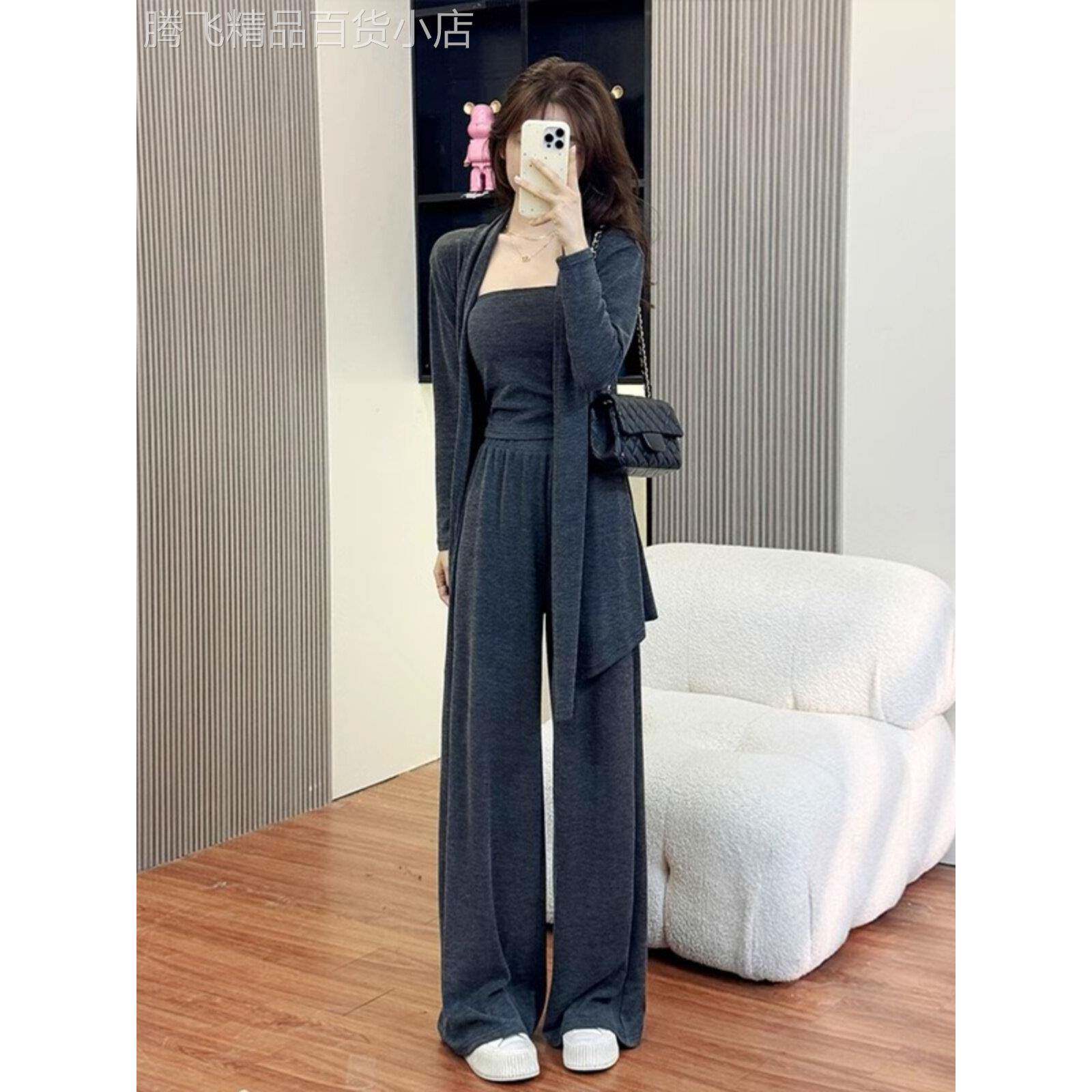 女装休闲套装2025春秋季新款韩式高端优雅针织开衫背心阔腿裤三件