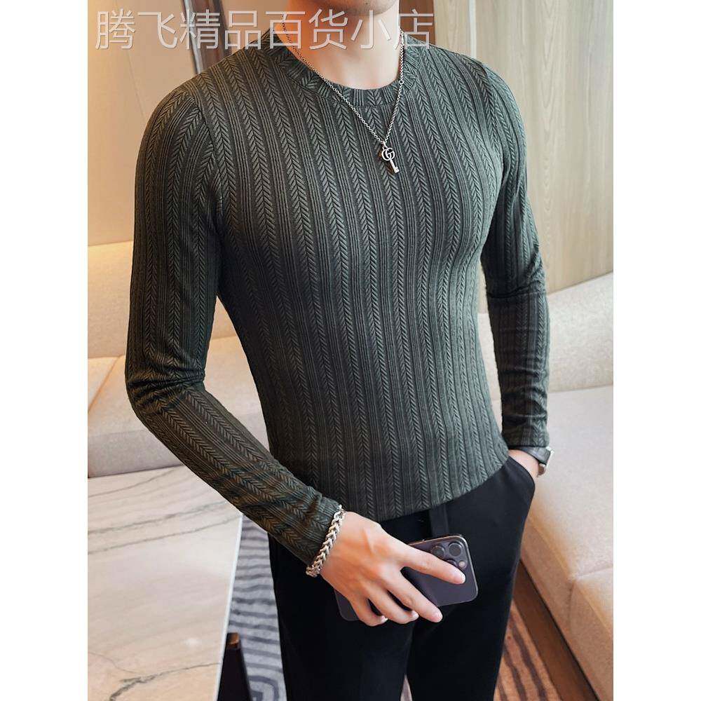 TWG高级感弹力t恤男士长袖春秋季紧身圆领潮流修身打底衫内搭上衣