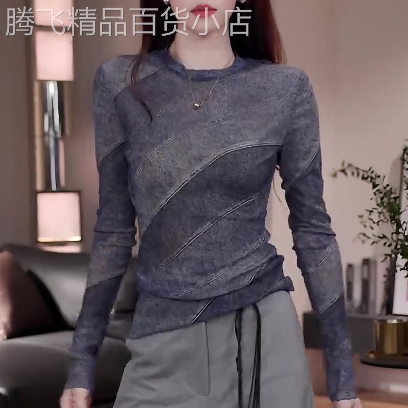 时尚轻熟优雅气质灰色长袖女2026年夏季新款修身圆领轻薄大尺码上