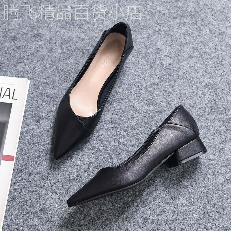 香港真皮软皮工作鞋女黑色夏季上班久站不累脚职业鞋尖头平底单鞋