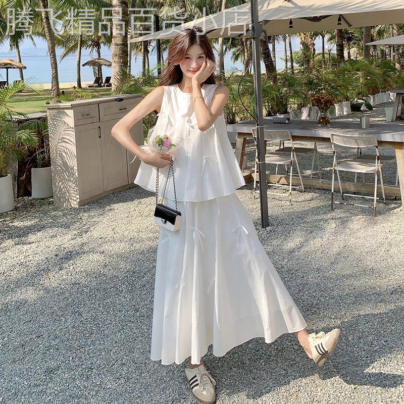 白色裙子套装女2026新款夏季减龄一整套穿搭清纯蝴蝶结背心两件套
