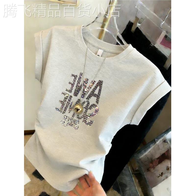 浅花灰色正肩亮片印花短袖T恤女2026夏季新款欧货褶皱收腰上衣潮