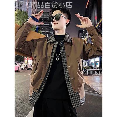 潮牌高级感痞帅工装外套男秋冬季2025新款假两件格子夹克加厚棉服
