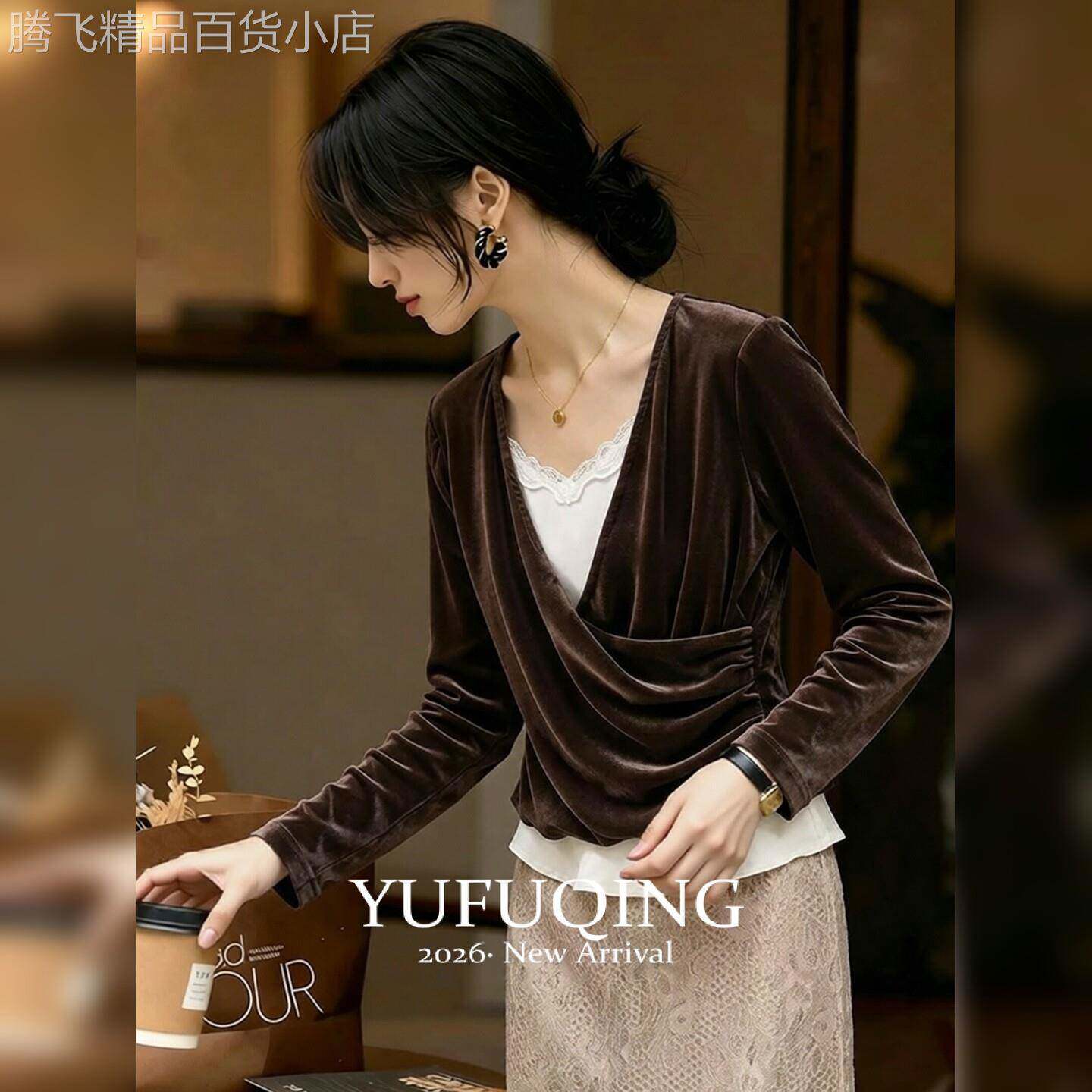 法式假两件衬衫女长袖V领蕾丝拼接咖色轻熟设计感气质秋季女上衣