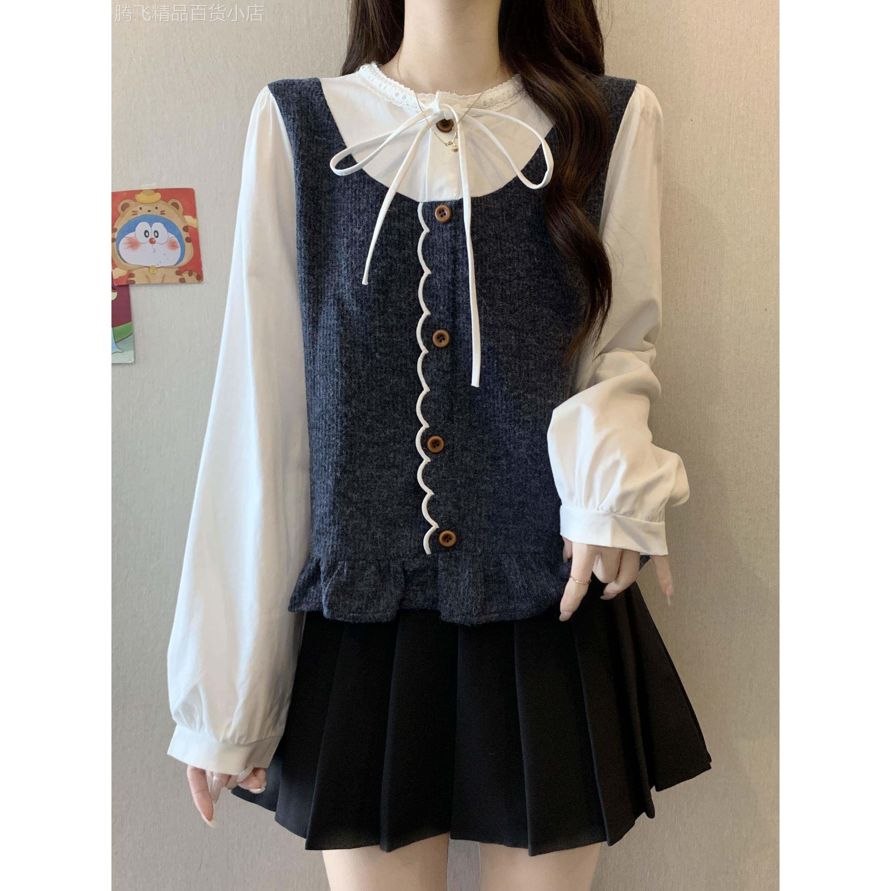 假两件针织衬衫女春秋季2025新款大码高级感减龄洋气长袖衬衣上衣