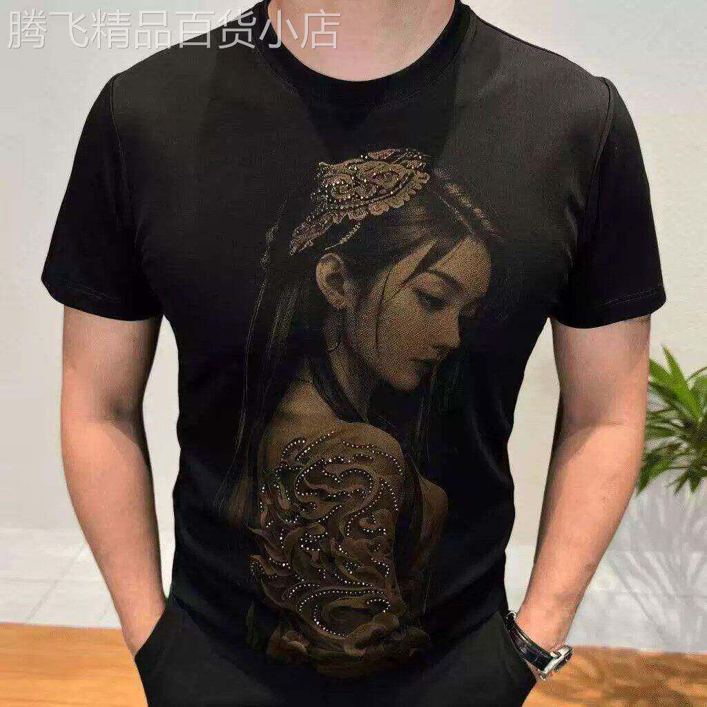 古风冰丝速干短袖T恤男士夏季潮流烫钻印花透气圆领修身半袖上衣