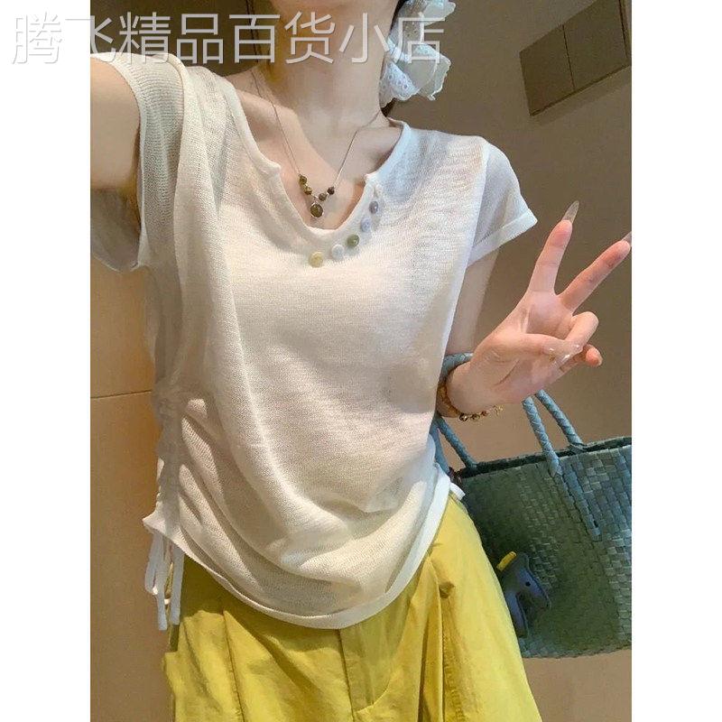 白色短袖T恤女士夏季薄款2026新款修身显瘦钮扣绑带V领洋派上衣女