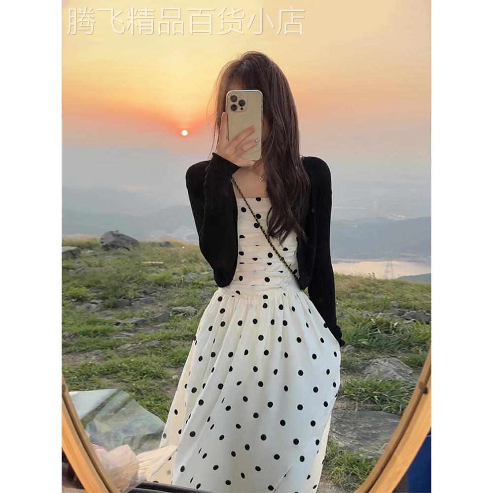 波点套装裙女春秋欧货吊带裙外搭小披肩收腰褶皱抹胸连衣裙两件套图片