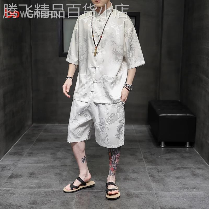 国风冰丝短袖衬衫男士套装夏季2026新款中式禅意唐装汉服衬衫男款