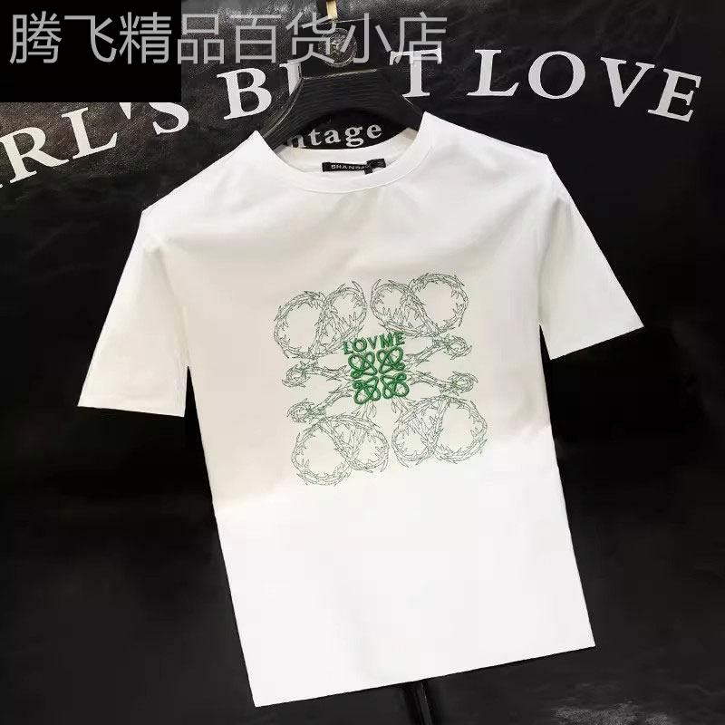 印花刺绣短袖T恤男士夏季美式潮牌修身痞帅圆领上衣百搭休闲半袖