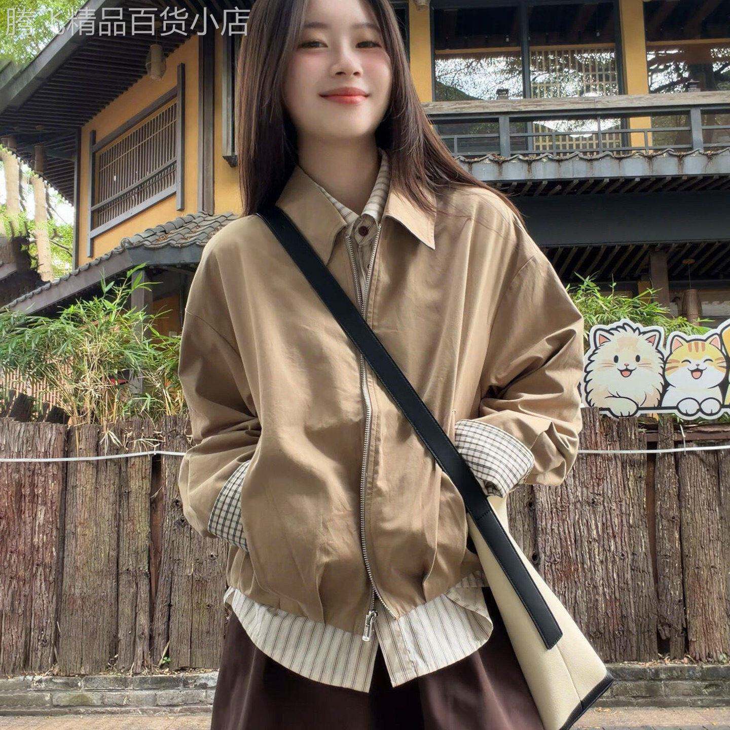 潮牌时尚短款外套女春秋季2026新款韩系复古休闲宽松翻领夹克上衣