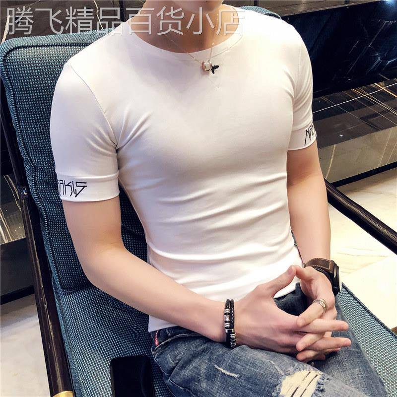 夏季男士短袖T恤男韩版修身纯棉紧身白色上衣薄款字母刺绣半袖潮n