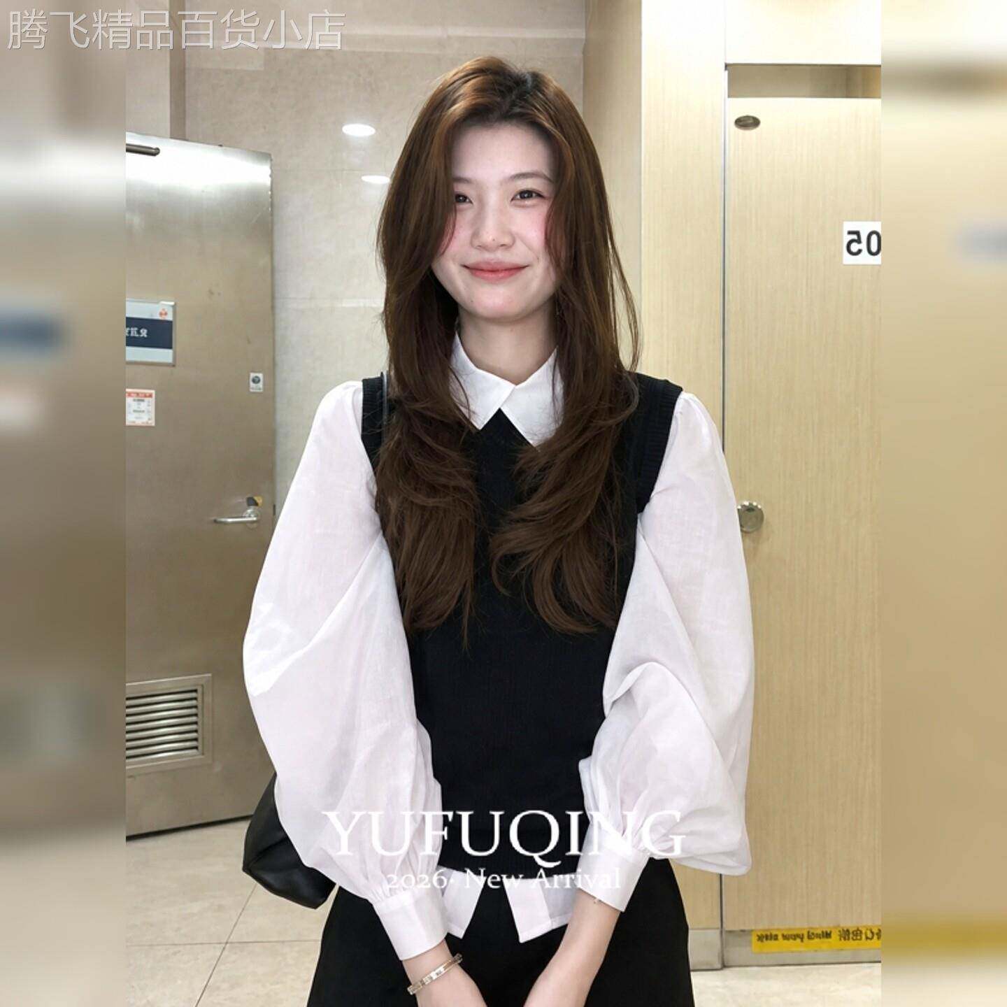 黑白衬衫针织马甲两件套女装长袖学院风叠穿秋季新款气质通勤穿搭