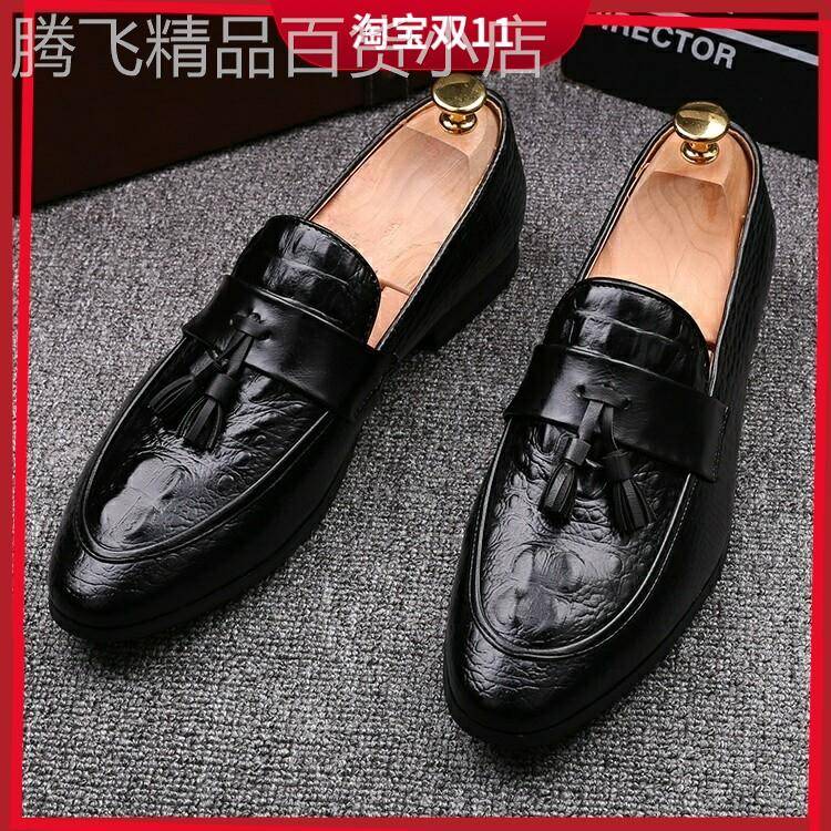 鳄鱼纹真皮男鞋套脚流苏尖头男士皮鞋压花商务休闲鞋夏季婚鞋懒人
