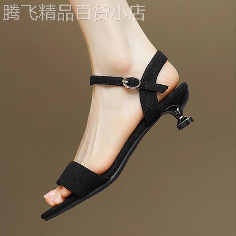 真皮低跟凉鞋女2025夏季新款一字带细跟3cm磨砂小跟鞋女士高跟鞋图片