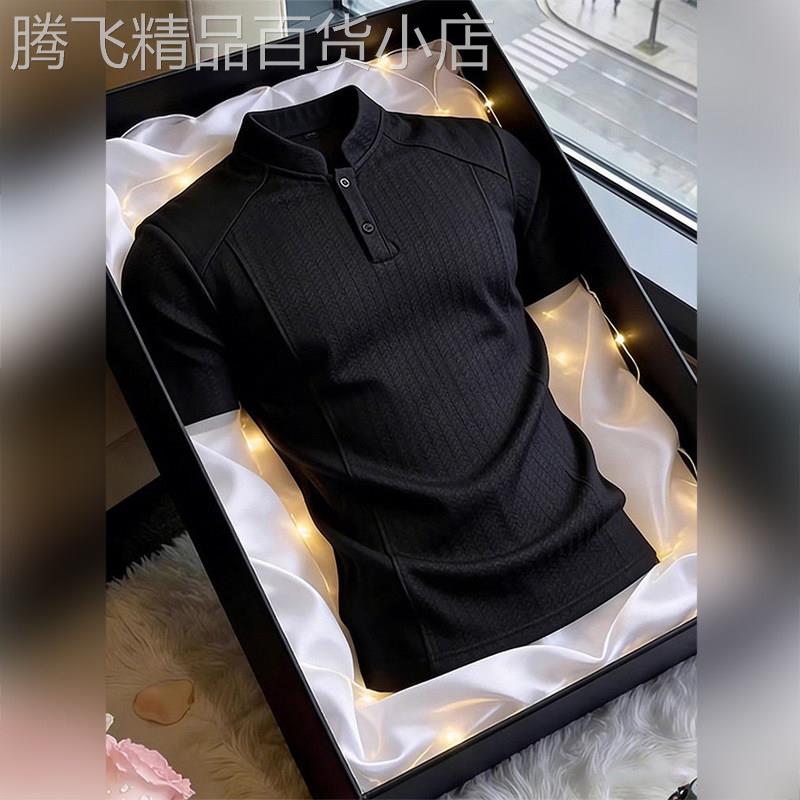 高端鱼骨纹短袖polo衫男款2026夏季老钱风立领t恤高级感亨利领潮图片