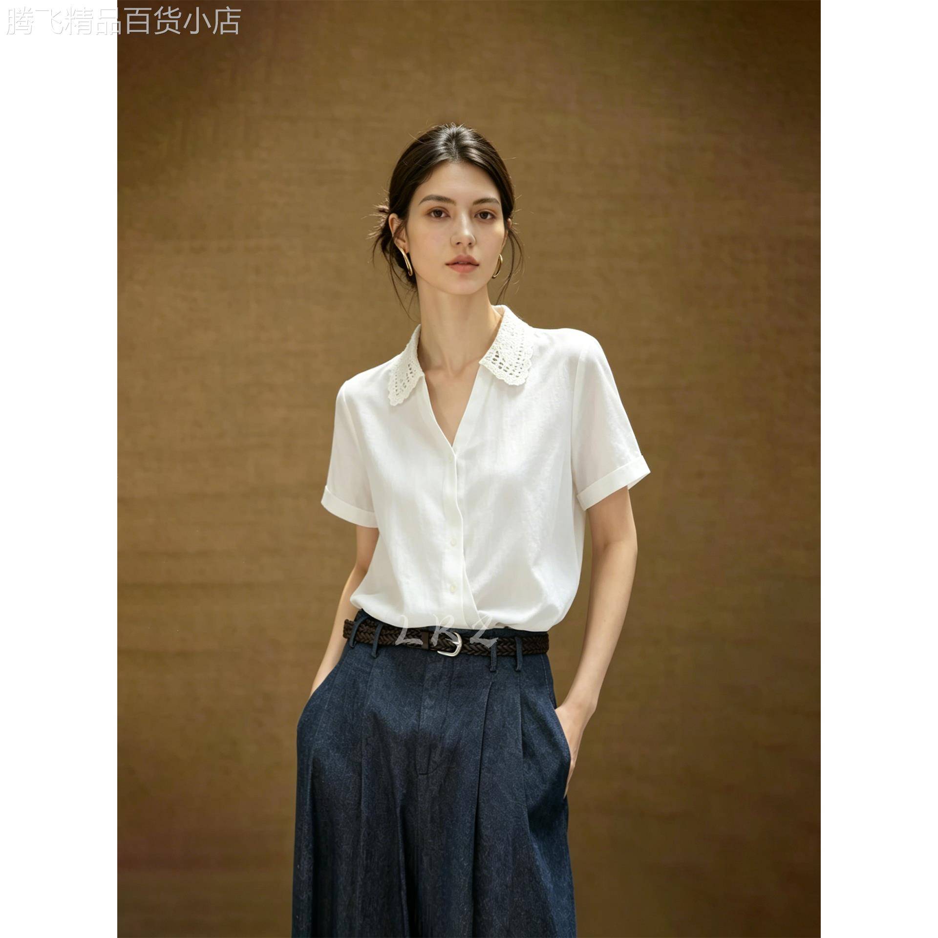 高级感镂空蕾丝翻领短袖衬衫女夏季简约风休闲显瘦单排扣减龄衬衫