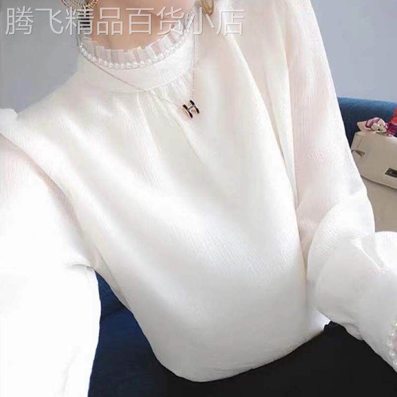 白色雪纺衬衫女长袖春秋2025年新款时尚洋气蕾丝打底衫木耳边上衣