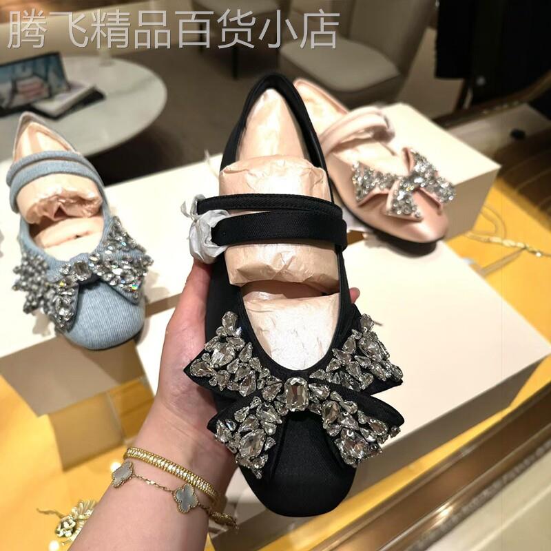 黑色蝴蝶结单鞋水钻方扣女鞋法式粗跟一字扣复古平底鞋芭蕾舞鞋