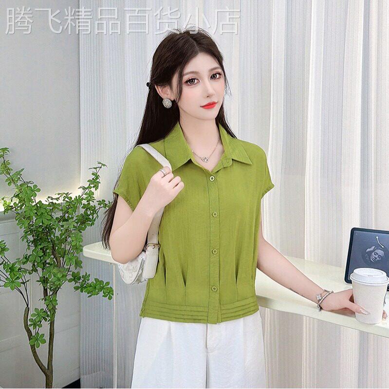 法式收腰短款短袖衬衫女新款夏薄款时尚休闲翻领宽松显瘦衬衫上衣