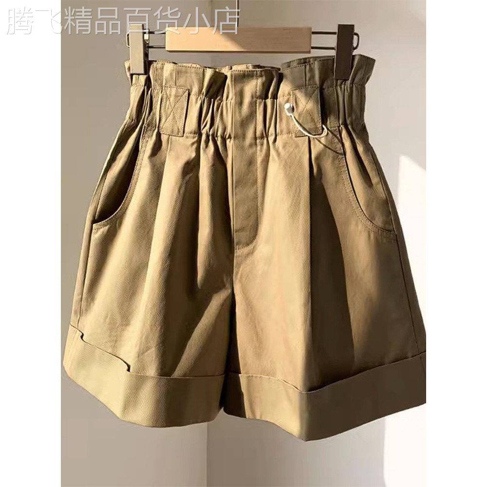 卡其色西装短裤女夏季新款高腰休闲宽松大尺码花苞裤阔腿工装五分