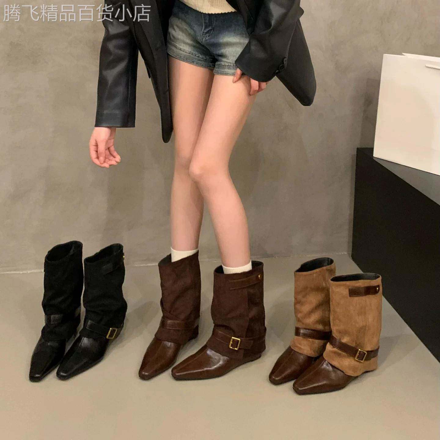 英国真皮厚底内增高短靴女冬季2026新款尖头美拉德风西部牛仔靴子