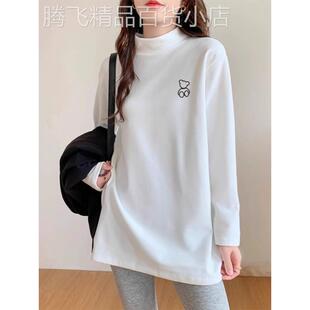 白色半高领中长款印花长袖T恤女士秋冬新款宽松大码百搭休闲卫衣