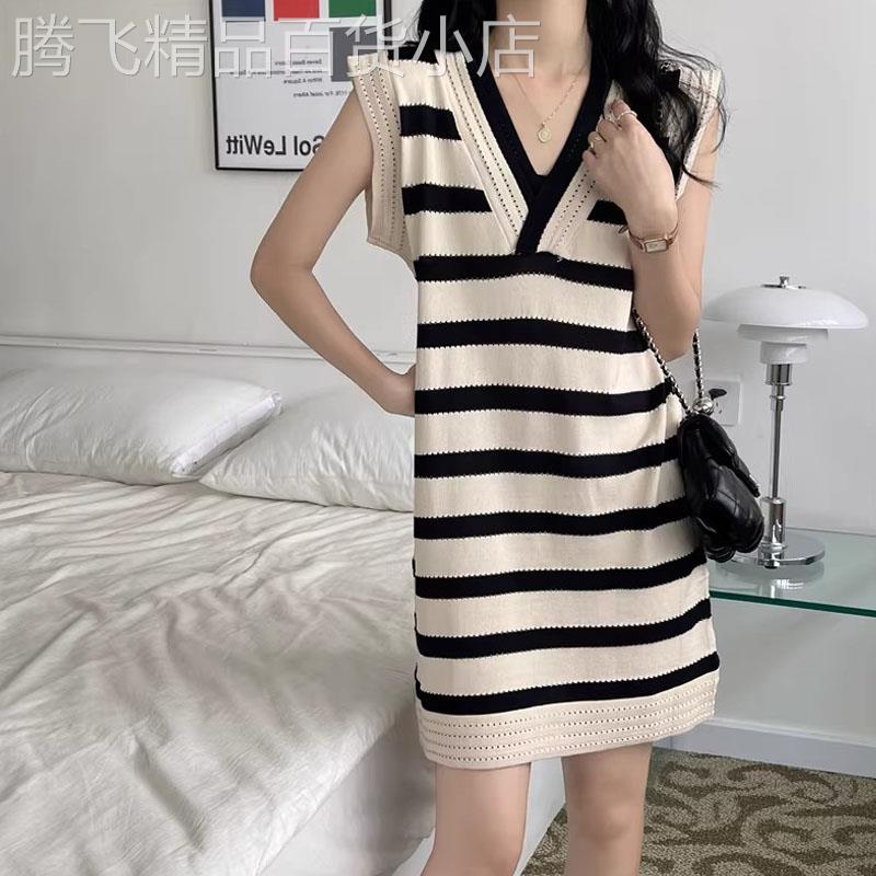 高级感复古连衣裙女士夏季欧货新款休闲气质条纹背心无袖针织裙子
