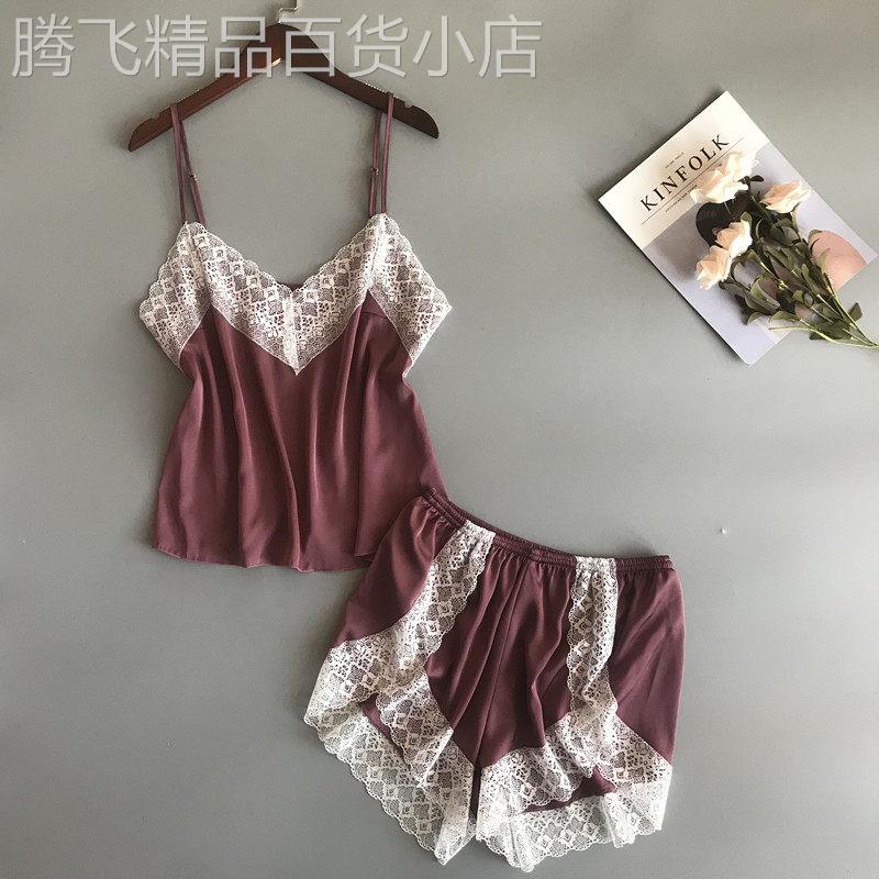 日本吊带睡衣女性感蕾丝薄款夏季短裤两件套装冰丝花边大码家居服