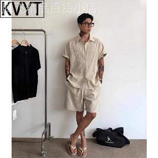 潮牌天丝亚麻套装男士2025年夏季新款松弛感穿搭男短袖短裤一整套