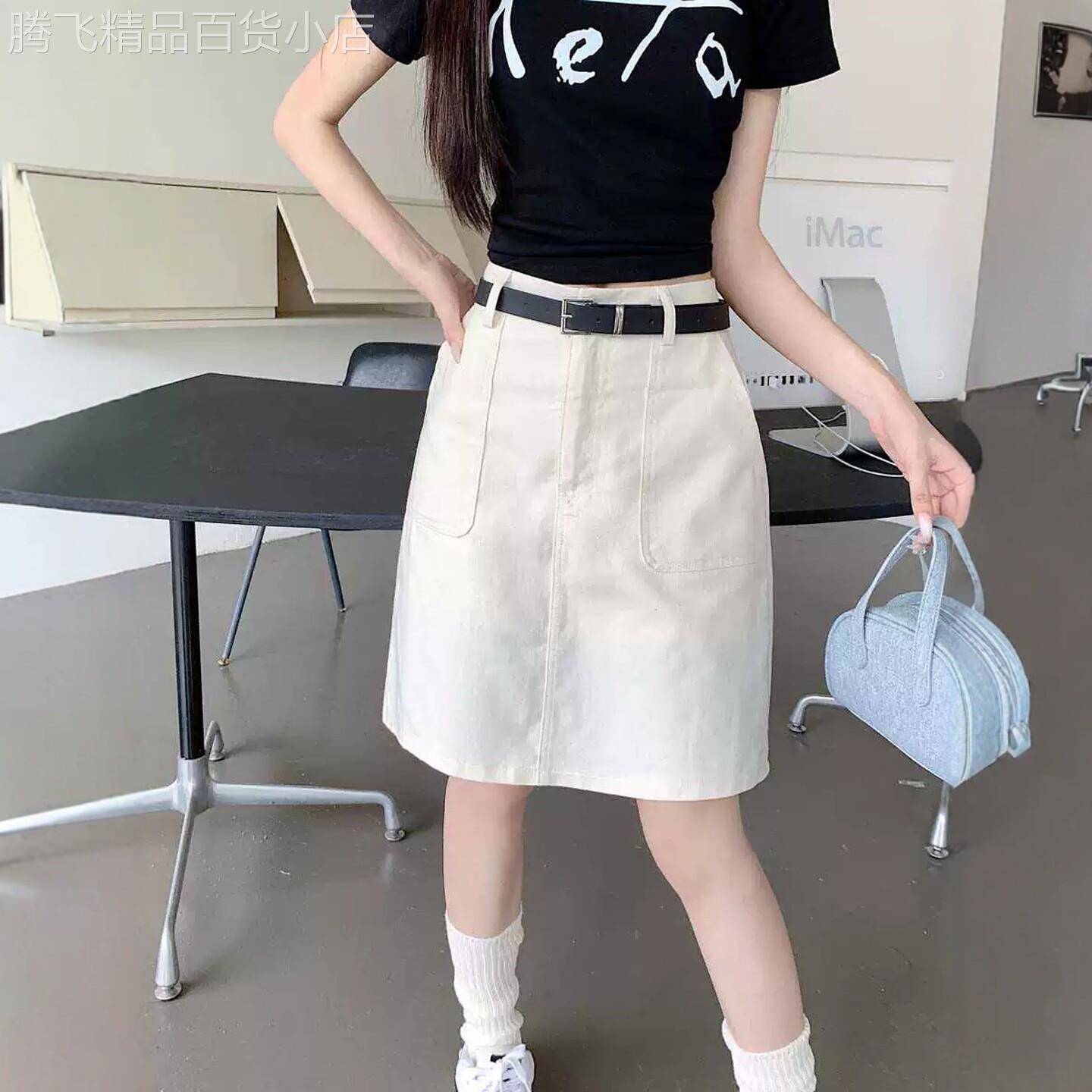 潮牌高腰显瘦白色牛仔半身裙女夏季2026年新款胖mm大口袋a字短裙