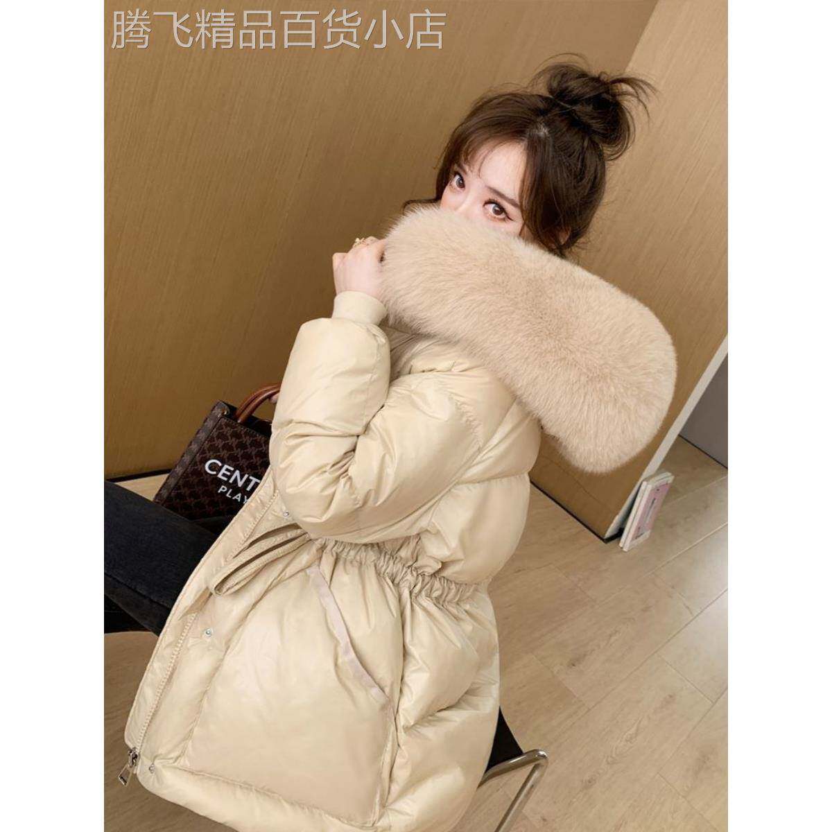 真毛领羽绒服女2024冬新款小香风加厚中长款白鸭绒小个子收腰外套