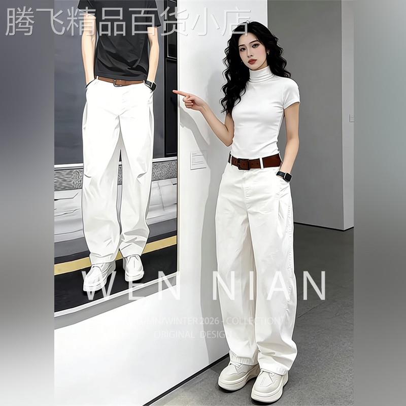 韩国WEN NIAN白色美式直筒裤男2026夏季弯刀显腿长工装裤阔腿长裤
