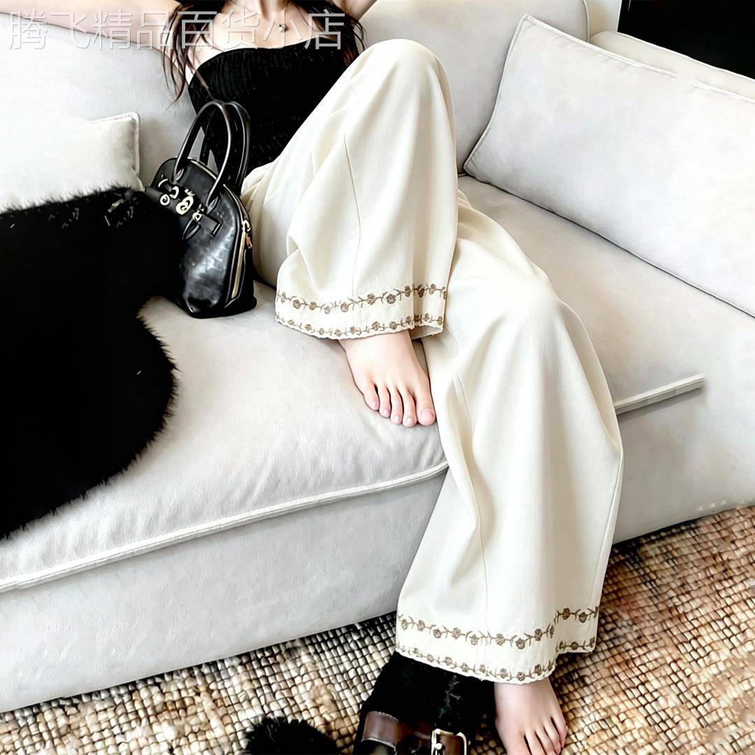 白色文艺复古花边阔腿裤女2026夏季新款宽松垂坠感薄款直筒休闲裤