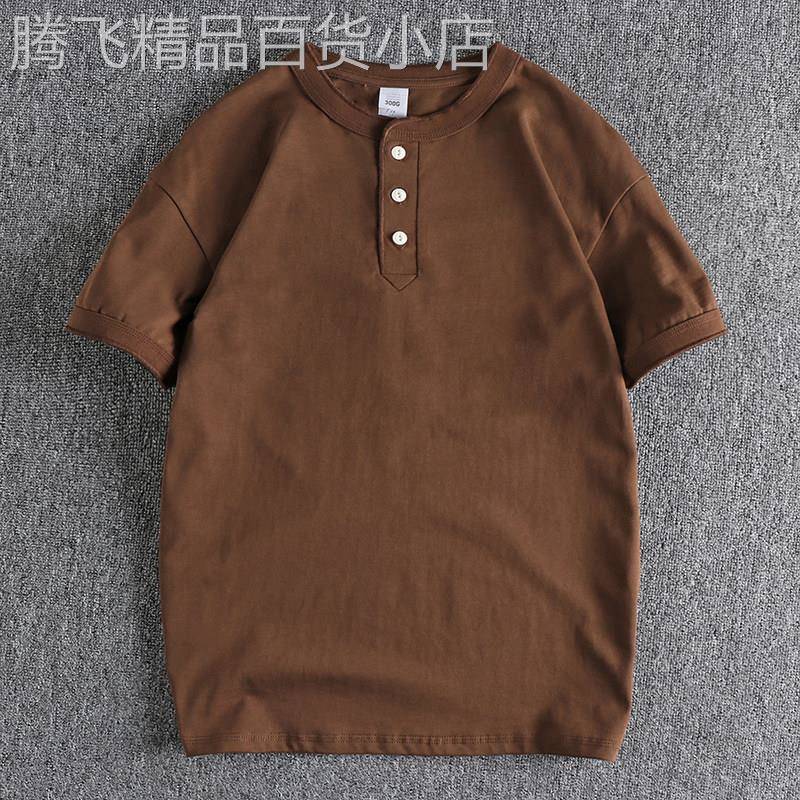 代购潮男夏季美式水洗硬汉风亨利领男士短袖T恤舒适纯色休闲上衣