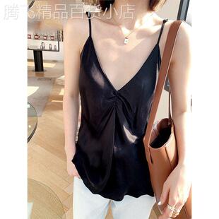 黑色吊带女内搭外穿宽松显瘦性感醋酸缎面无袖深V领打底背心上衣