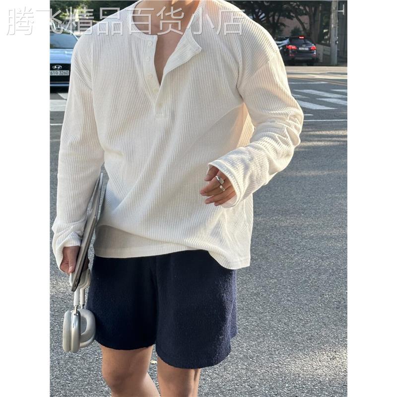 潮牌高级感白色华夫格亨利领长袖T恤东大门休闲时尚宽松体恤男
