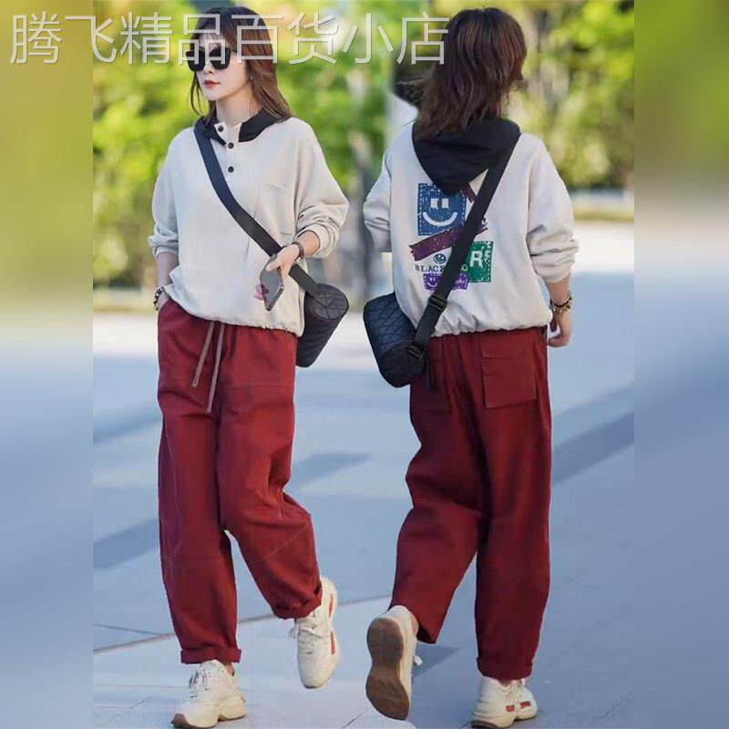 潮牌休闲洋气套装女春秋季新款宽松连帽印花卫衣百搭哈伦裤两件套