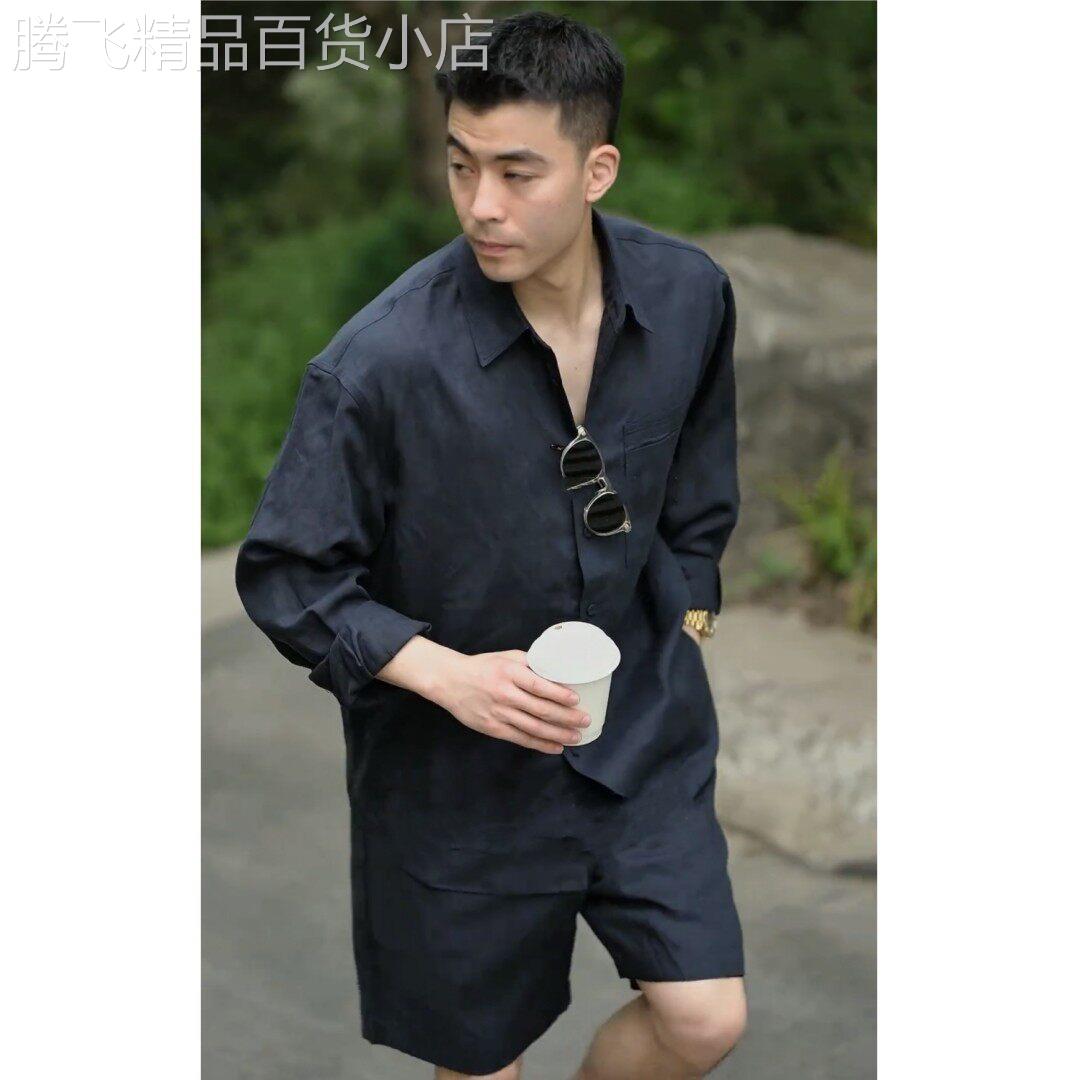 潮牌夏季薄款棉麻男士套装时尚潮流简约纯色宽松衬衫短裤两件套男