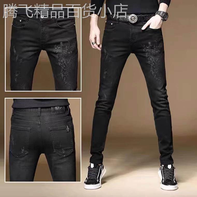 高端春夏欧货刺绣黑色牛仔裤男修身小脚弹力百搭休闲长裤潮流春款